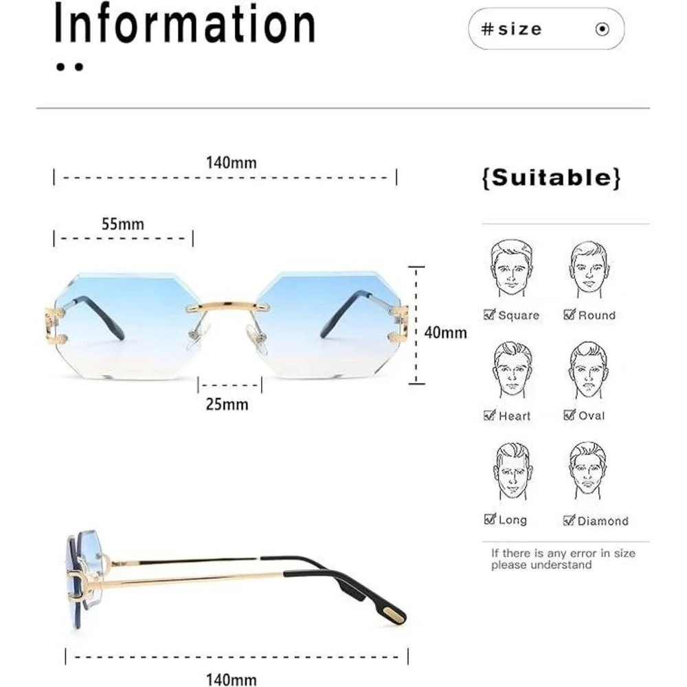 Rimless Sunglasses Men Octagon Blue Lens Gold Accents Fashion‎ Shades Lentes New